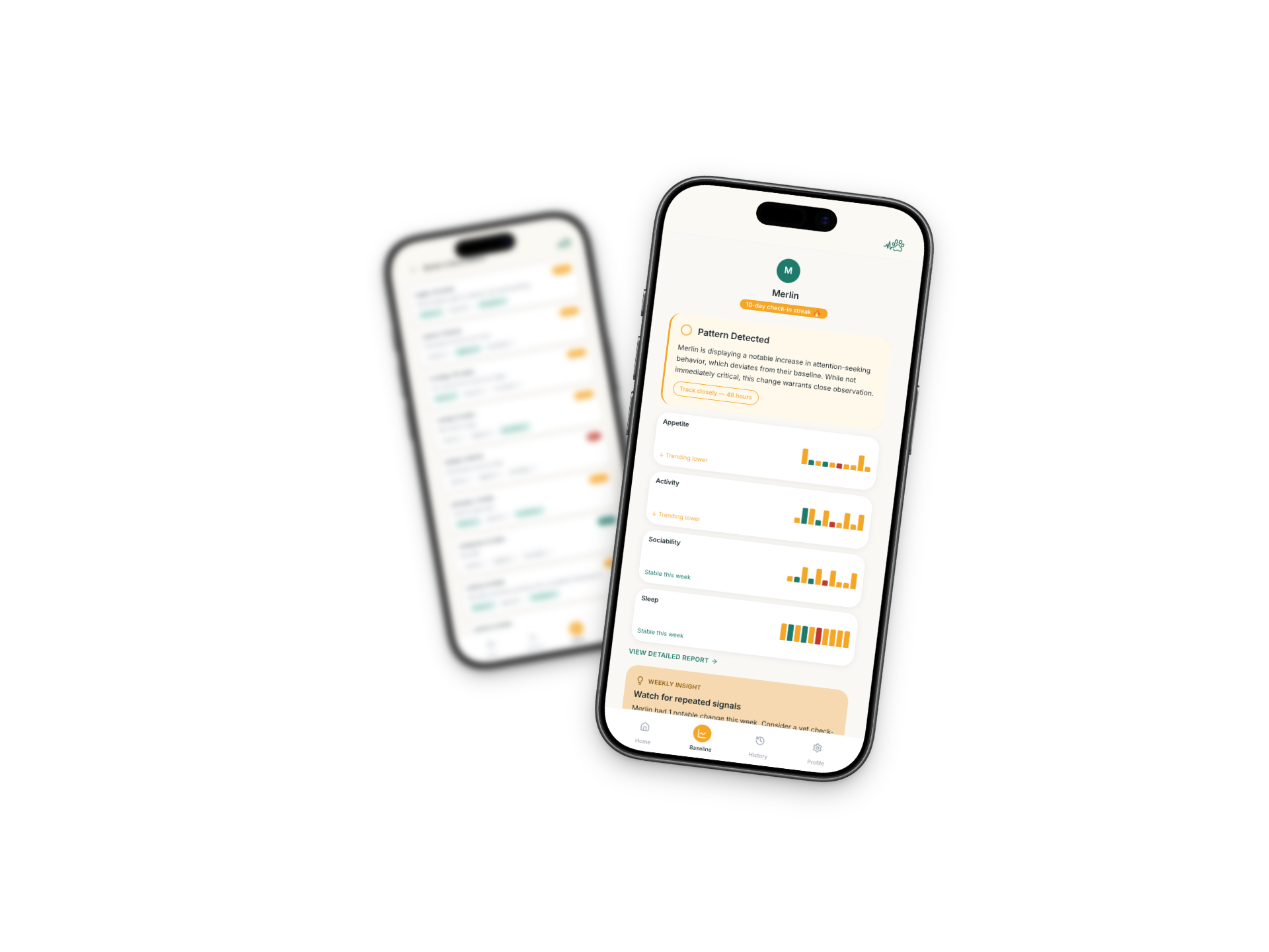 Sensa app showing Merlin's stable appetite, activity, and sociability metrics